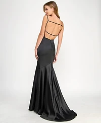 Seni & Cade Juniors' Satin Cowlneck Cutout Gown