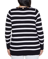 Belldini Plus Black Label Rhinestone Grommet Striped Open-Front Cardigan Sweater