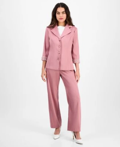 Alex Evenings Petite Notched Collar Button Front Blouse Straight Leg Pants