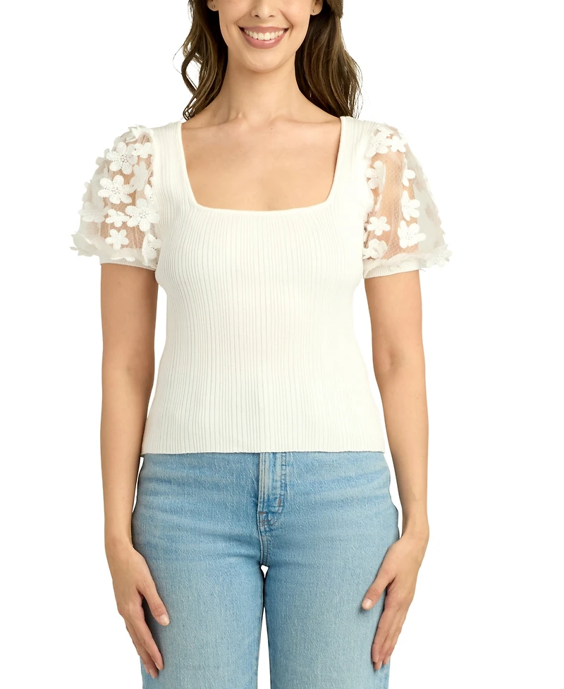Bcx Juniors' Embellished Woven Sleeve Scoop Neck Top