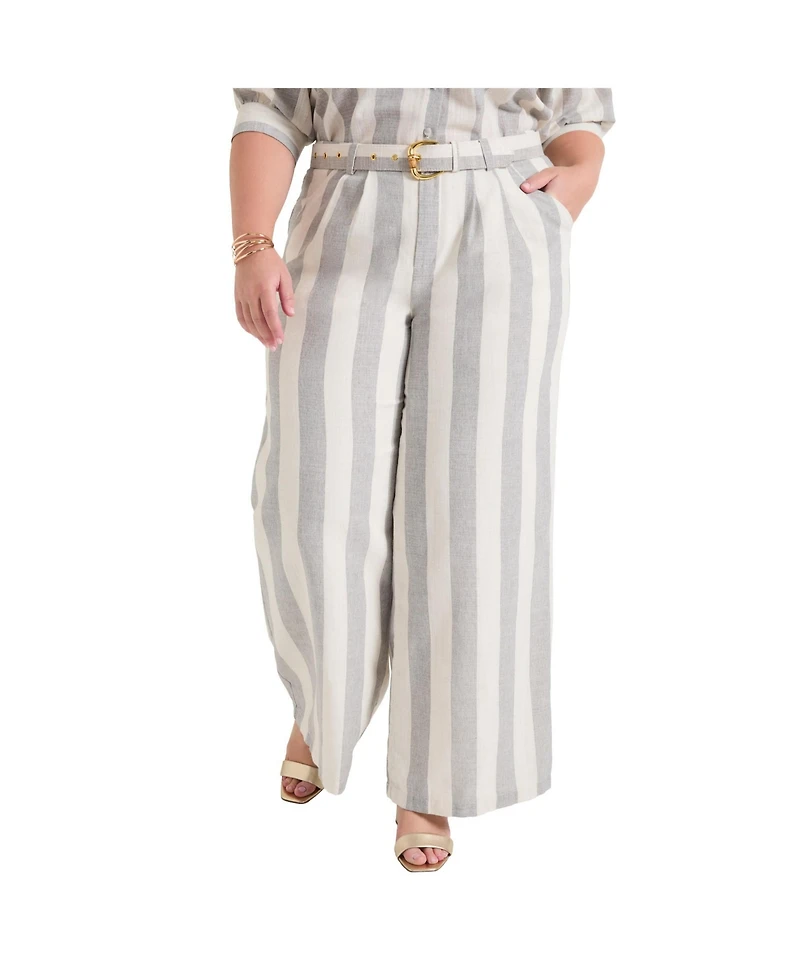 June + Vie Women's Curvie Fit High-Waisted Wide-Leg Linen Pant