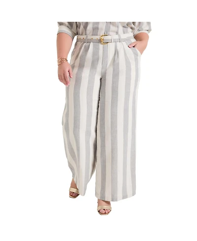June + Vie Women's Curvie Fit High-Waisted Wide-Leg Linen Pant