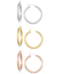 Set of Three Textured Hoop Earrings 14k Tri-Gold Vermeil and Sterling Silver