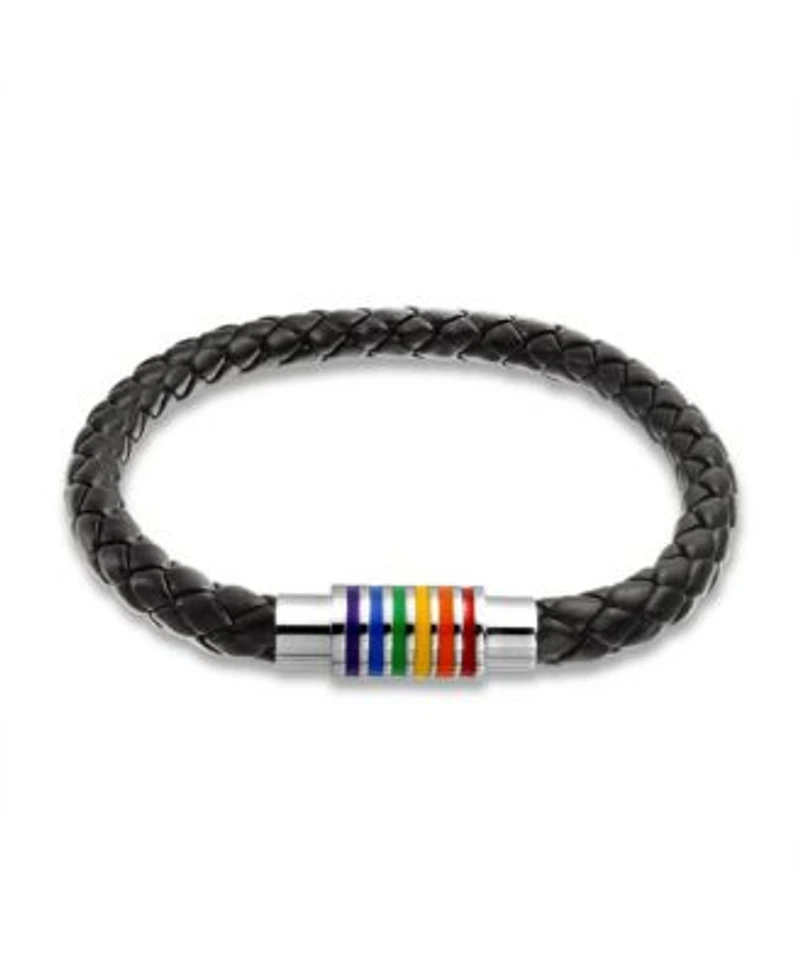 Bling Jewelry Striped Rainbow Flag Black Braided Leather Lgbtq Bracelet With Stainless Clasp