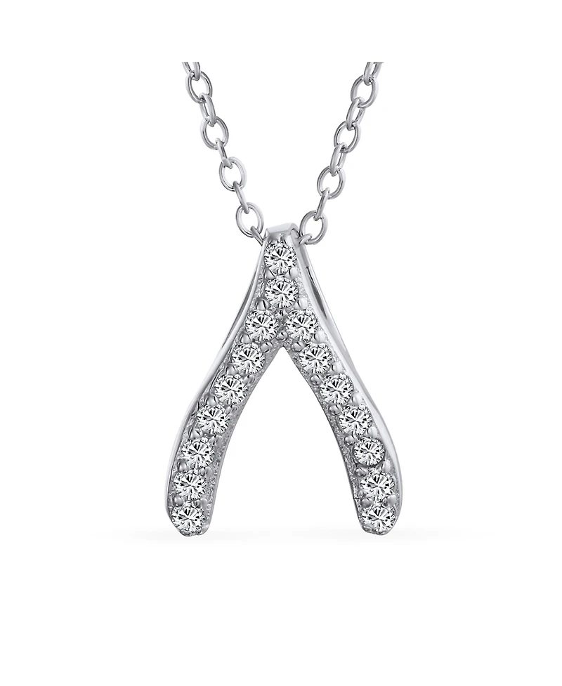 Bling Jewelry Pave Cz Good Luck Wishbone Pendant Necklace in Sterling Silver