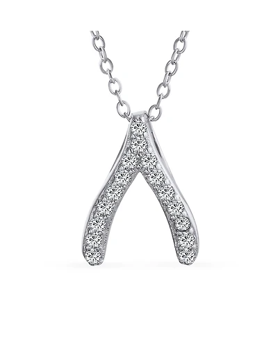Bling Jewelry Pave Cz Good Luck Wishbone Pendant Necklace in Sterling Silver