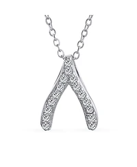 Bling Jewelry Pave Cz Good Luck Wishbone Pendant Necklace in Sterling Silver