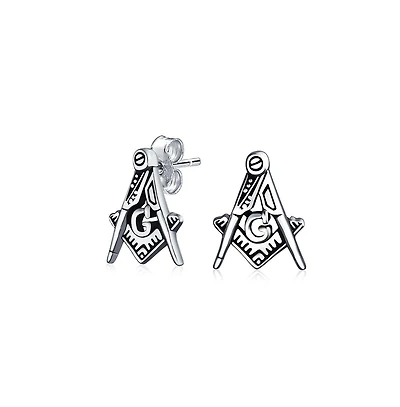 Bling Jewelry Tiny Square & Compass Masonic Freemason Stud Earrings in Oxidized Silver