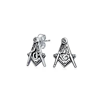 Bling Jewelry Tiny Square & Compass Masonic Freemason Stud Earrings in Oxidized Silver