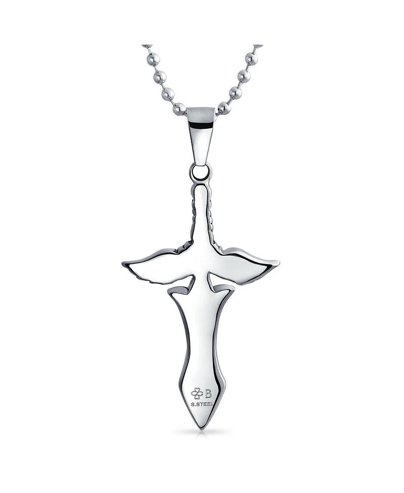 Bling Jewelry Biker Jewelry Royal Sword & Angel Wings Cross Necklace Black Stainless Steel