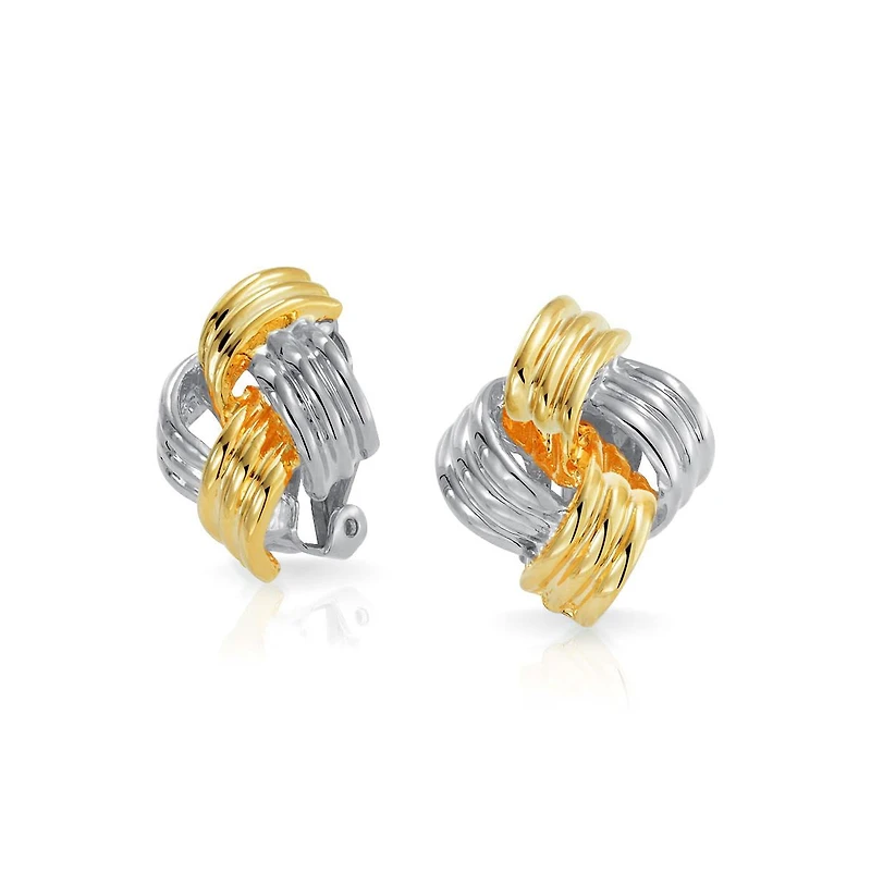 Bling Jewelry Geometric Square Two Tone Rope Cable Love Knot Clip On Earrings For Non Pierced Ears Gold Silver Plated Brass