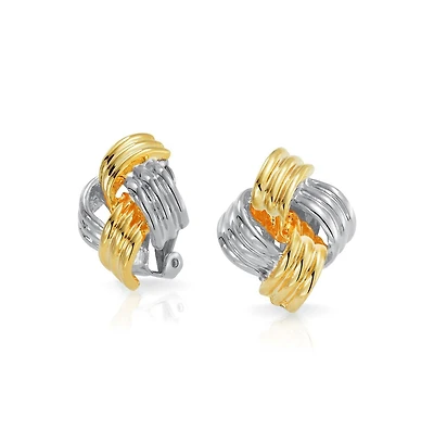 Bling Jewelry Geometric Square Two Tone Rope Cable Love Knot Clip On Earrings For Non Pierced Ears Gold Silver Plated Brass