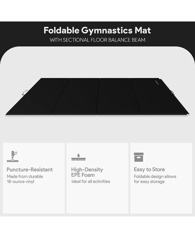 BalanceFrom Fitness All-Purpose Folding Anti Tear 4 Panel Fitness Mat w/ Sectional Floor Balance Beam for Aerobics & Gymnastics, Black