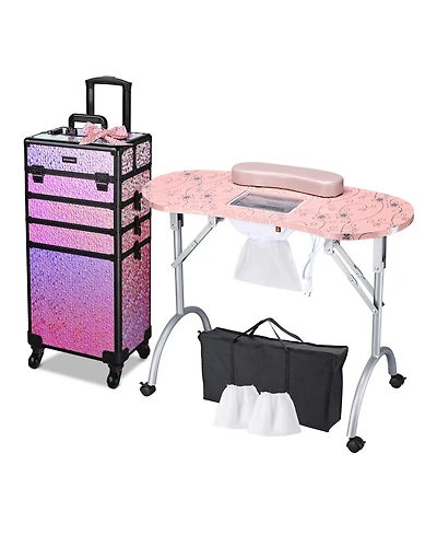 Byootique Folding Manicure Nail Table 4in1 Rolling Makeup Case Mermaid Pink