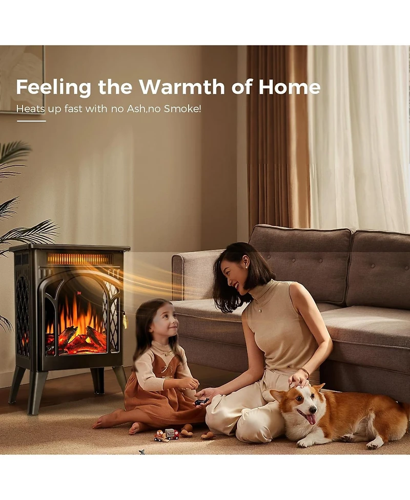 Kismile Electric Fireplace, 1500W infrared heater with 3D flame effect, remote control, 8-hour timer, and 5100 Btu heating. Ideal for freestanding use