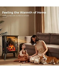 Kismile Electric Fireplace, 1500W infrared heater with 3D flame effect, remote control, 8-hour timer, and 5100 Btu heating. Ideal for freestanding use