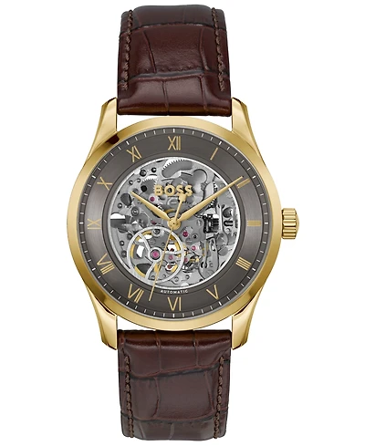 Hugo Boss Men's Principle Skeleton Mech-Automatic Brown Calfskin Watch, 41mm