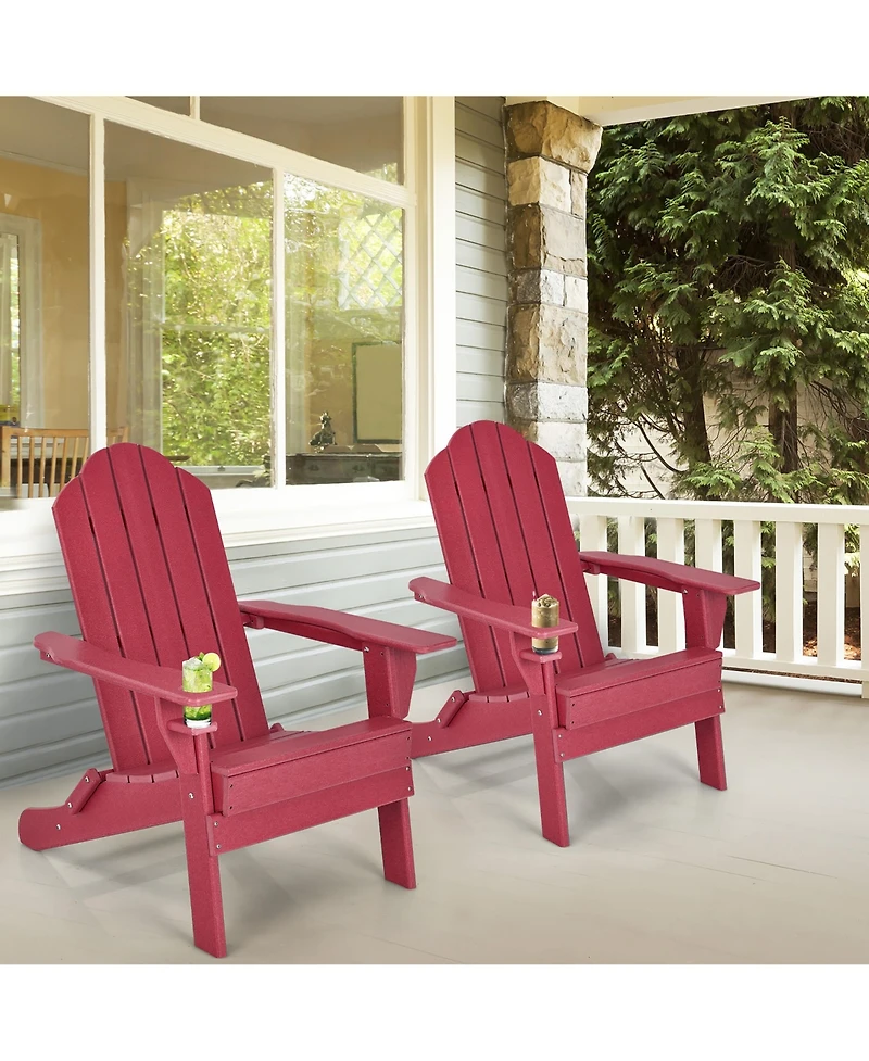 Gymax 2PCS Patio Folding Adirondack Chair Weather Resistant Cup Holder Yard