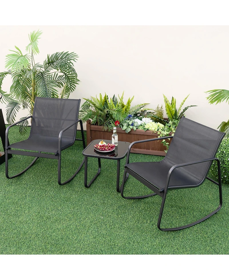 2 Rocking Bistro Chairs with Glass-Top Table Cozy Outdoor Patio Set for Porch, Yard, or Balcony