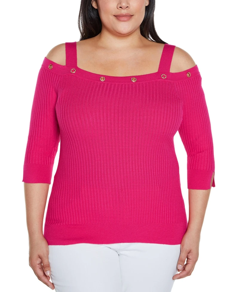 Belldini Plus Black Label Rhinestone Grommet Cold-Shoulder Sweater