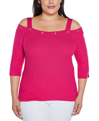 Belldini Plus Black Label Rhinestone Grommet Cold-Shoulder Sweater