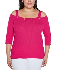 Belldini Plus Black Label Rhinestone Grommet Cold-Shoulder Sweater