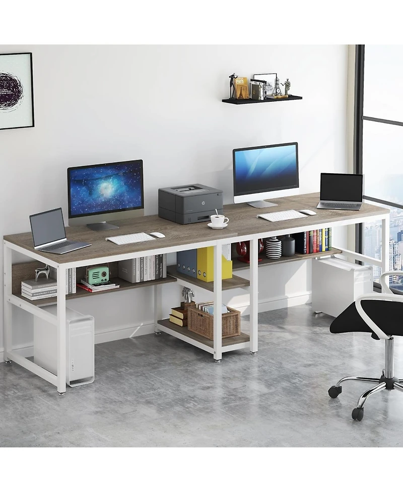 Tribesigns 78.7 Computer Office Double Desk for Two Person, Writing Desk Workstation with Shelf for Home Office, Grey