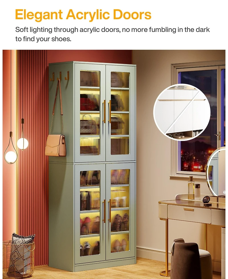 Tribesigns Tall Shoe Cabinet with Acrylic Doors and Led Lights, 8-Tier Entryway Storage Rack Adjustable Shelves Hanging Hooks