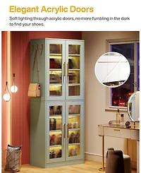 Tribesigns Tall Shoe Cabinet with Acrylic Doors and Led Lights, 8-Tier Entryway Storage Rack Adjustable Shelves Hanging Hooks