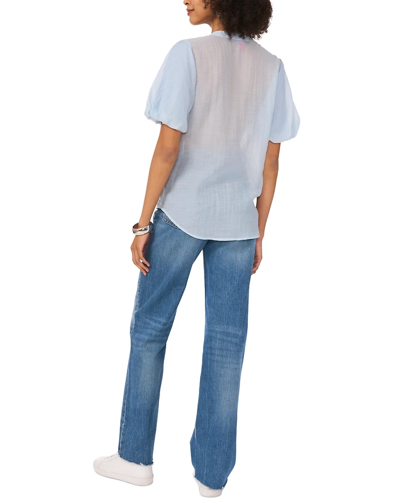 Vince Camuto Women's Sequined Puffed-Sleeve Sheer V-Neck Top