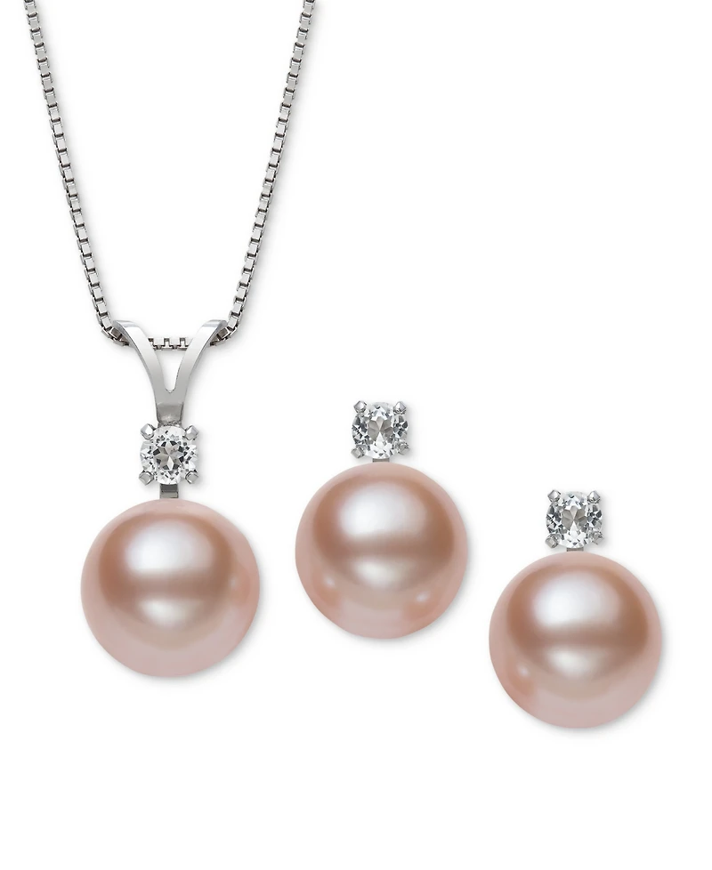 Belle de Mer 2-Pc. Set Dyed Black Peacock Cultured Freshwater Pearl (9-10mm) & Lab-Created White Sapphire (1/3 ct. t.w.) Pendant Necklace & Stud Earri