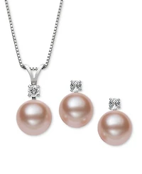 Belle de Mer 2-Pc. Set Dyed Black Peacock Cultured Freshwater Pearl (9-10mm) & Lab-Created White Sapphire (1/3 ct. t.w.) Pendant Necklace & Stud Earri