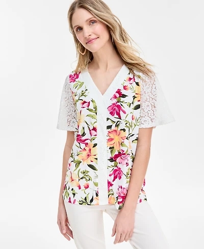 Jm Collection Women's Printed Lace V-Neck Top, Exclusively at Macy's
