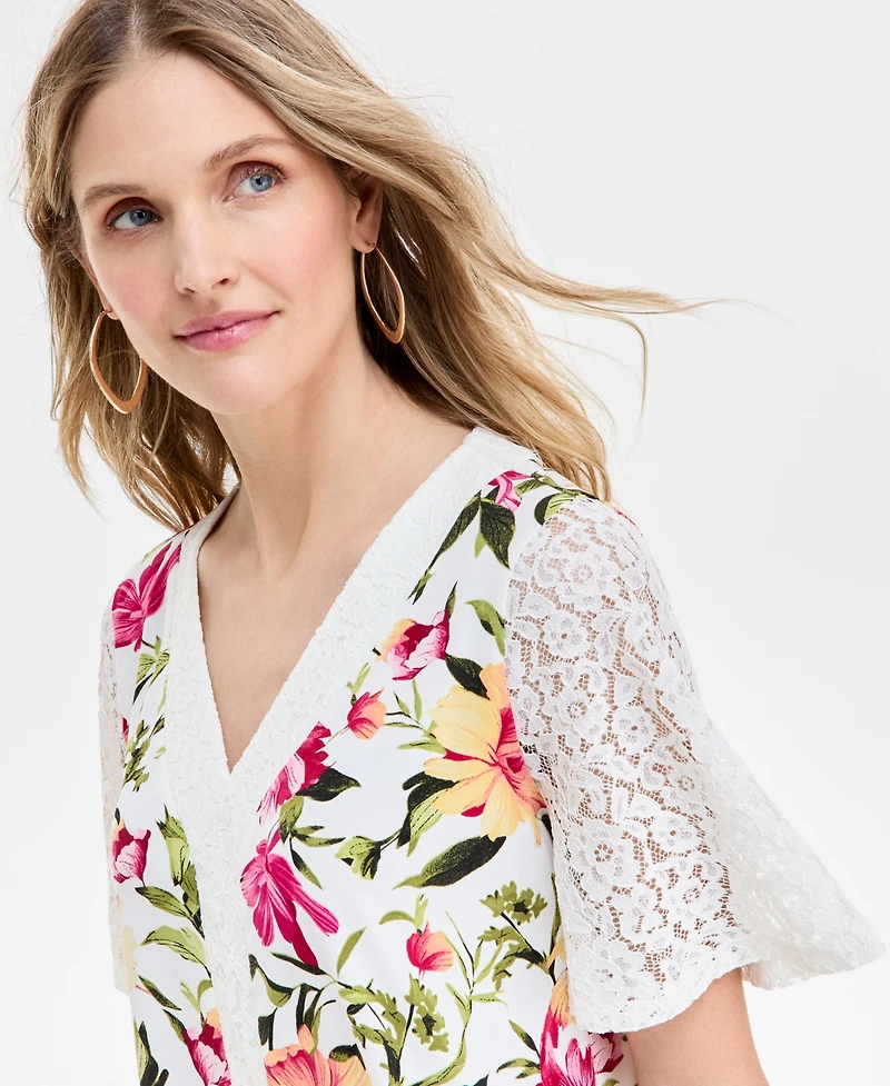 Jm Collection Women's Printed Lace V-Neck Top, Exclusively at Macy's