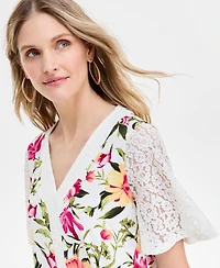 Jm Collection Women's Printed Lace V-Neck Top, Exclusively at Macy's