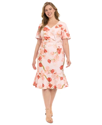 London Times Plus Size Floral Side-Knot Ruffle-Hem Dress