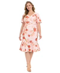 London Times Plus Size Floral Side-Knot Ruffle-Hem Dress