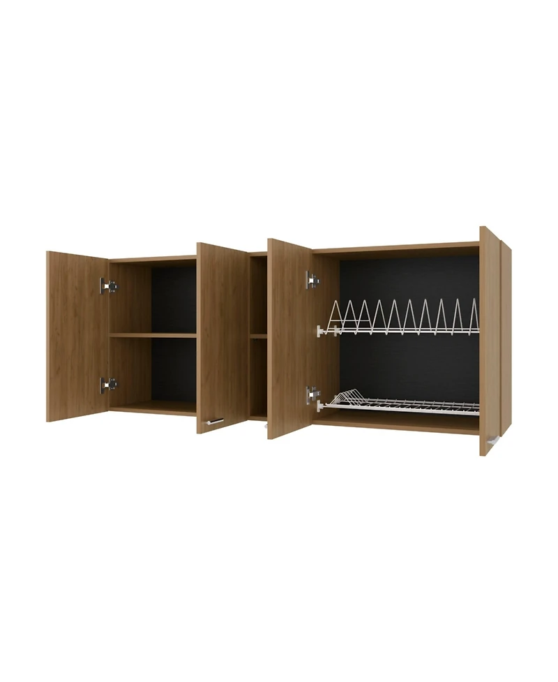 Fm Furniture Luray Wall Cabinet kitchen in Melamine wit 4 Doors and Open Storage, Natural Oak