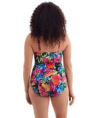 Longitude by Mimi Flamingo Women's Summer Waves Shirred Sweetheart Tank One Piece Swimsuit