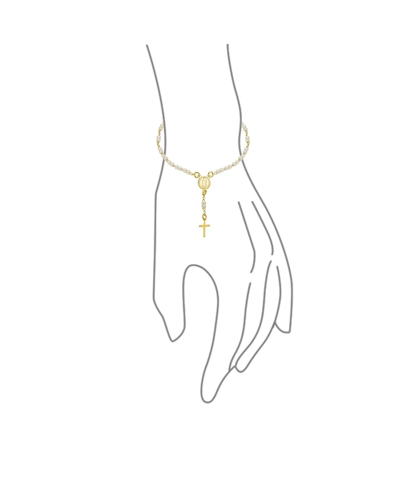 Bling Jewelry Dainty White Pearl Rosary-Bead Bracelet with Cross Gold Plated 7.5 Inch