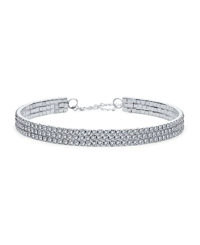 Bling Jewelry Simple Classic Sparkly 3 Row Rhinestone Necklace Rhodium Plated