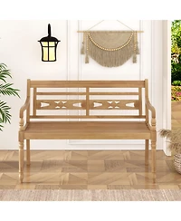 2-Person Teak Wood Patio Bench with Wide Backrest and Curved Armrests