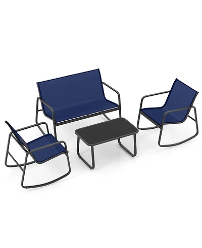 4-Piece Patio Rocking Chair Set with Glass-Top Table Outdoor Furniture for Porch, Yard, or Garden