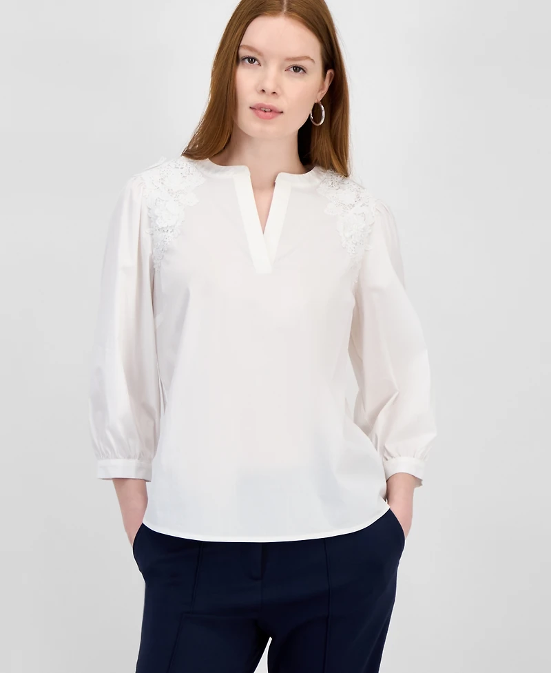 T Tahari Women's Lace-Trim Split-Neck 3/4-Sleeve Top
