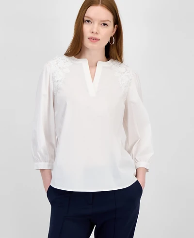 T Tahari Women's Lace-Trim Split-Neck 3/4-Sleeve Top