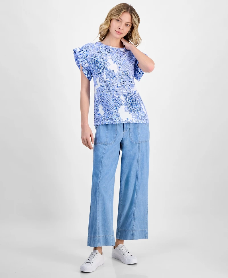 Nautica Jeans Women's Printed Flutter-Sleeve Top