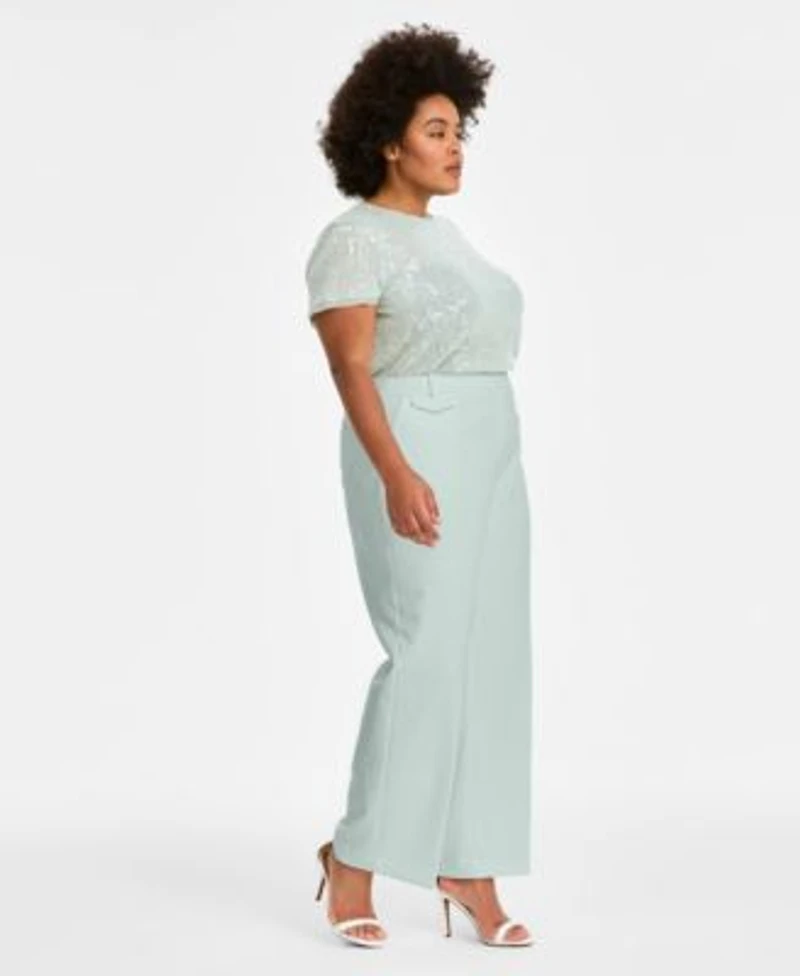 Anne Klein Sequinned Mesh T Shirt Pull On Wide Leg Pants