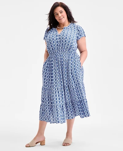 Style & Co Plus Printed V-Neck Short-Sleeve Dress, Exclusively at Macy's