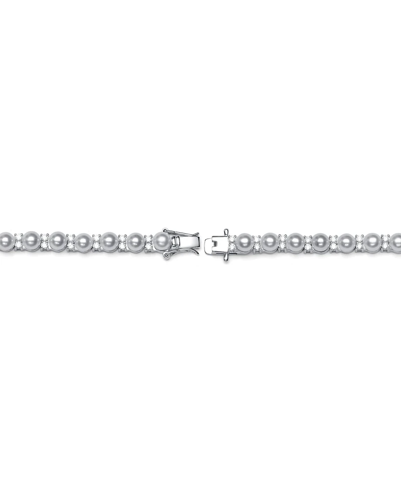 Sterling Silver with Clear Cubic Zirconia & White Pearl Tennis Bracelet in White Gold Plated or 14K Gold Plated