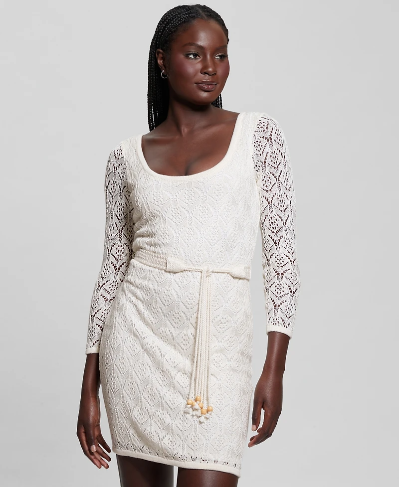 Guess Women's Kara Scoop-Neck 3/4-Sleeve Belted Dress